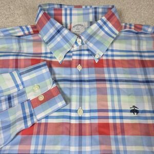 Brooks Brothers Shirt Mens XL Blue Red Plaid Non Iron Button Down Long Sleeve
